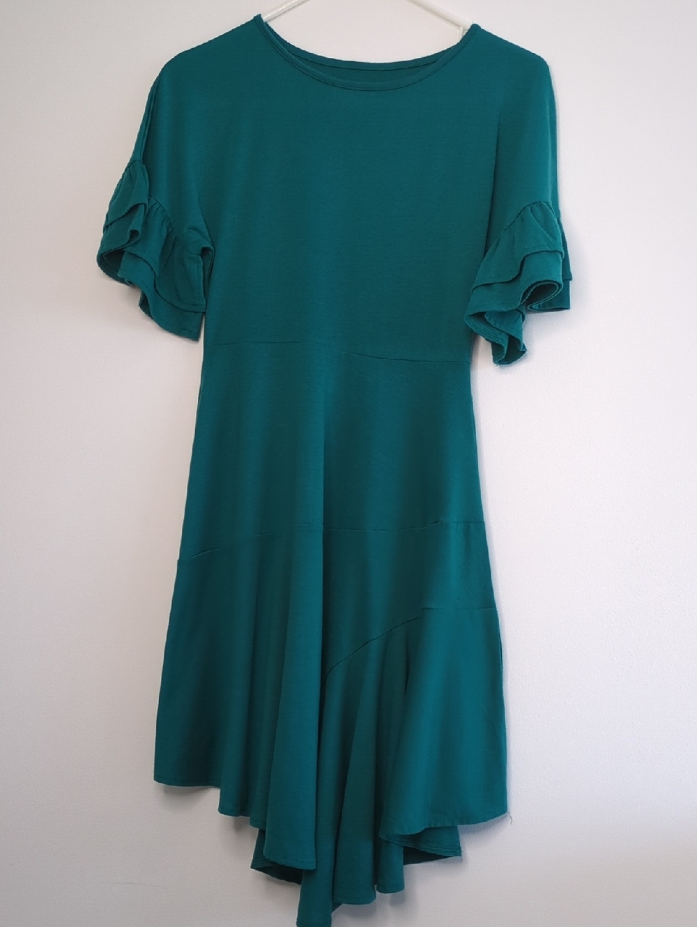 MiaJoy | Teal Knit Tiered Ruffled Dress Asymetric Hem | 12 | Joyfolie